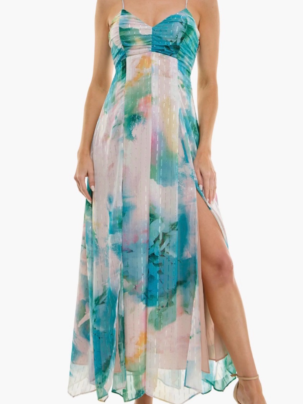 Socialite Teal & Aqua Watercolor Maxi Dress with Side Slit